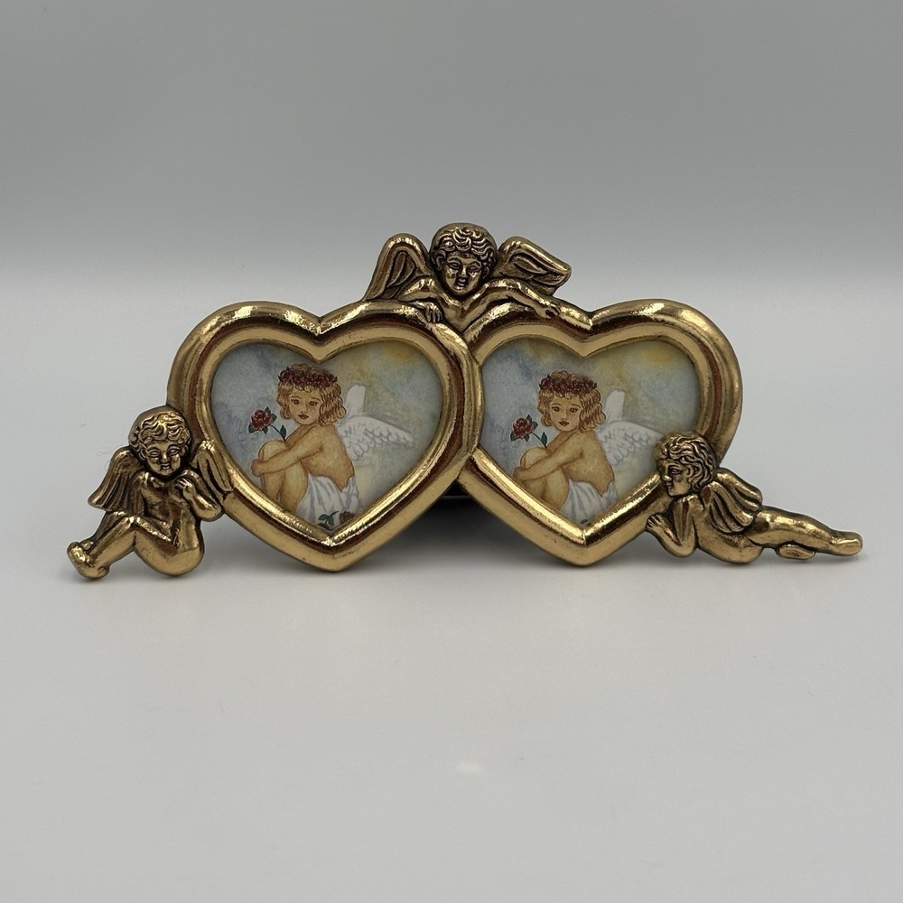 Vintage Brass Angels Trio Twin Heart Picture Frame Cherub Photo Holder Barouque - Picture 13 of 13